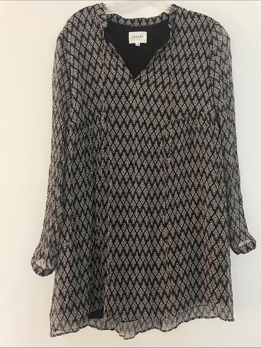 Sezane Black Printed Long-Sleeve Dress